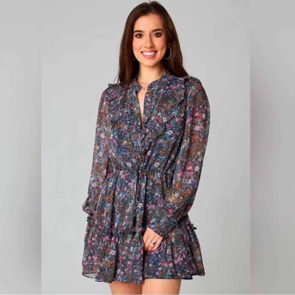 BUDDY LOVE CELIA LONG SLEEVE FLORAL MINI DRESS IN HOLLYHOCK